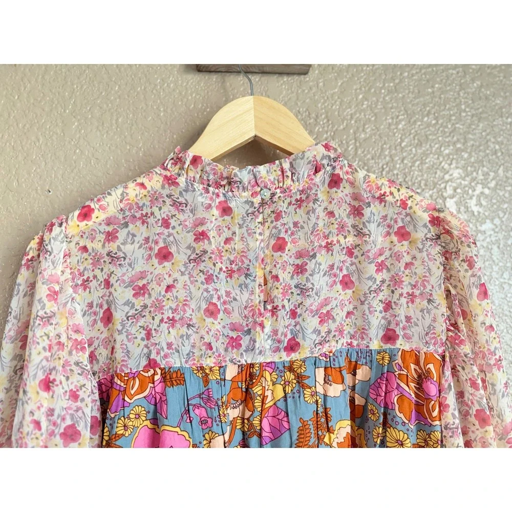 Jodifl Women Floral Patchwork Boho Babydoll Blouse Balloon Sleeve Blue Pink M